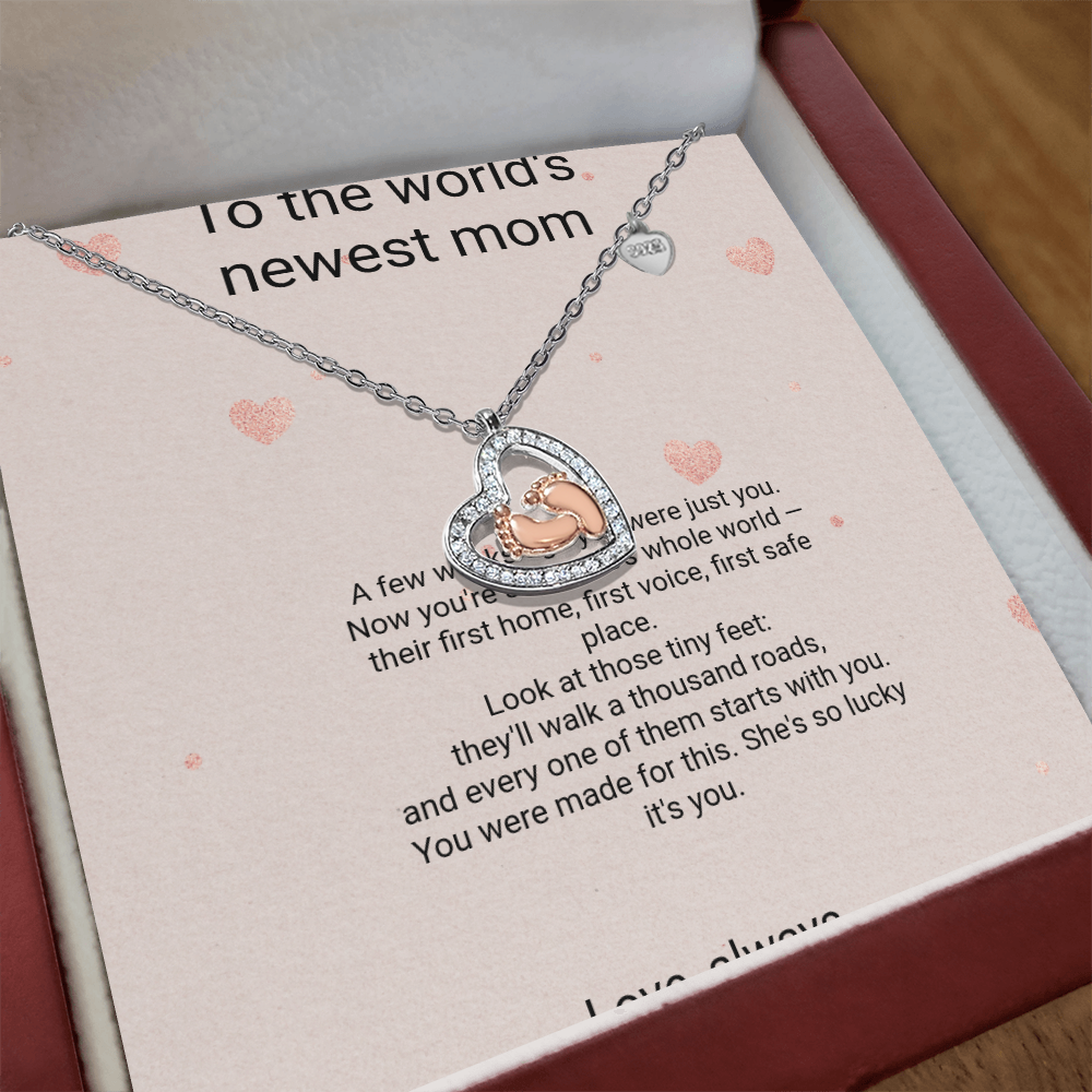 New Mom Necklace Gift - Baby Feet Pendant with Birthstone and Message Card, First Baby Gift for New Mother