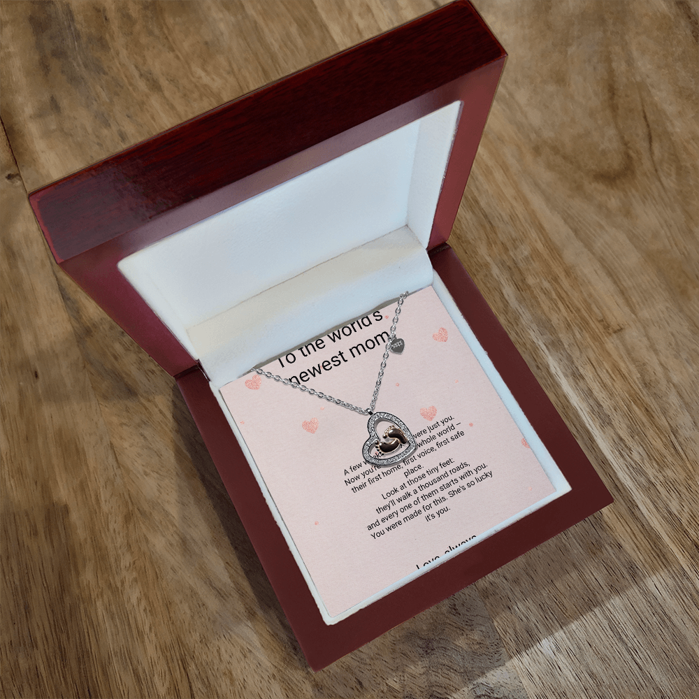 New Mom Necklace Gift - Baby Feet Pendant with Birthstone and Message Card, First Baby Gift for New Mother