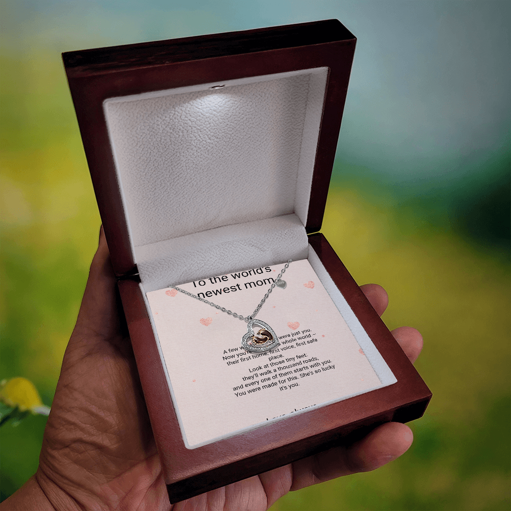 New Mom Necklace Gift - Baby Feet Pendant with Birthstone and Message Card, First Baby Gift for New Mother