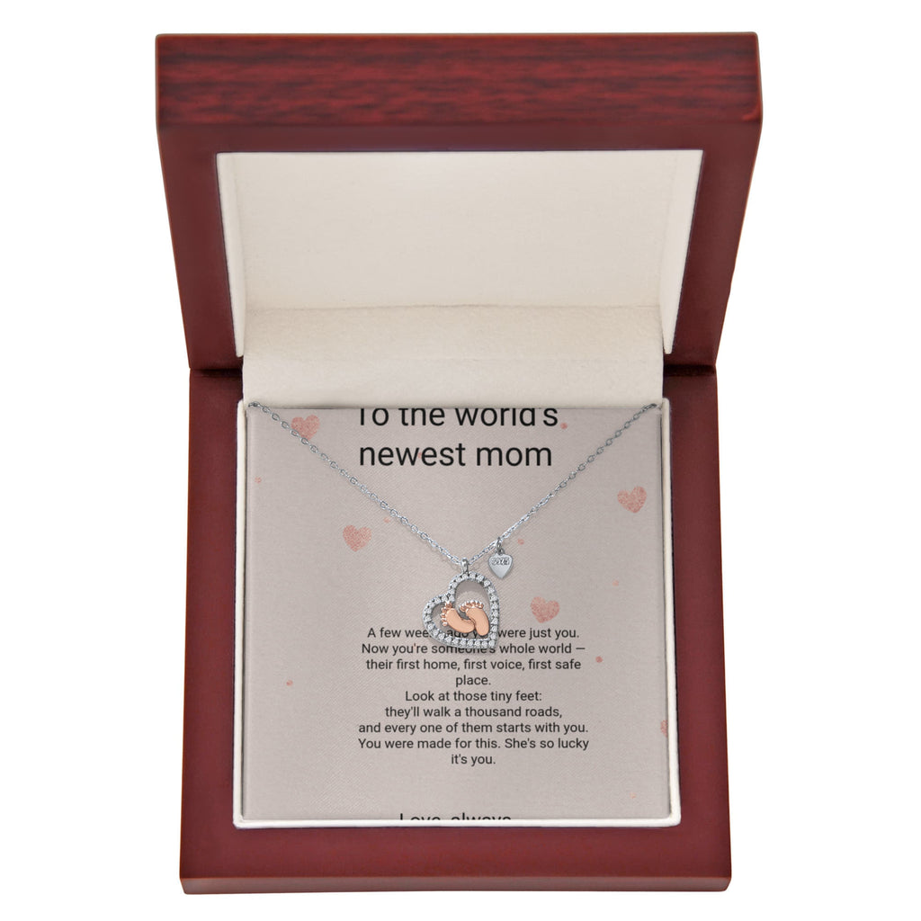 New Mom Necklace Gift - Baby Feet Pendant with Birthstone and Message Card, First Baby Gift for New Mother