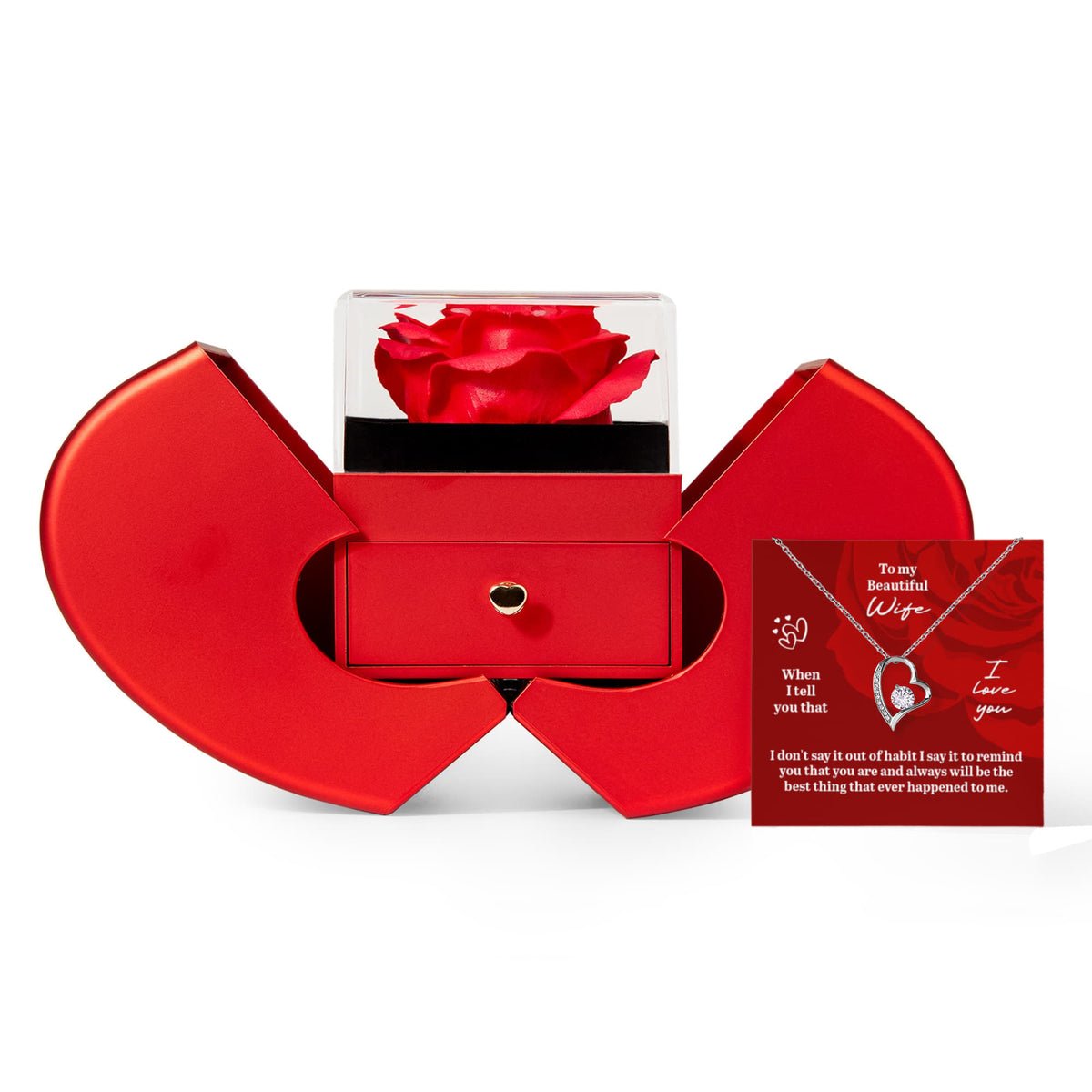 To My Beautiful Wife Forever Love Necklace, Red Heart Rose Box Gift