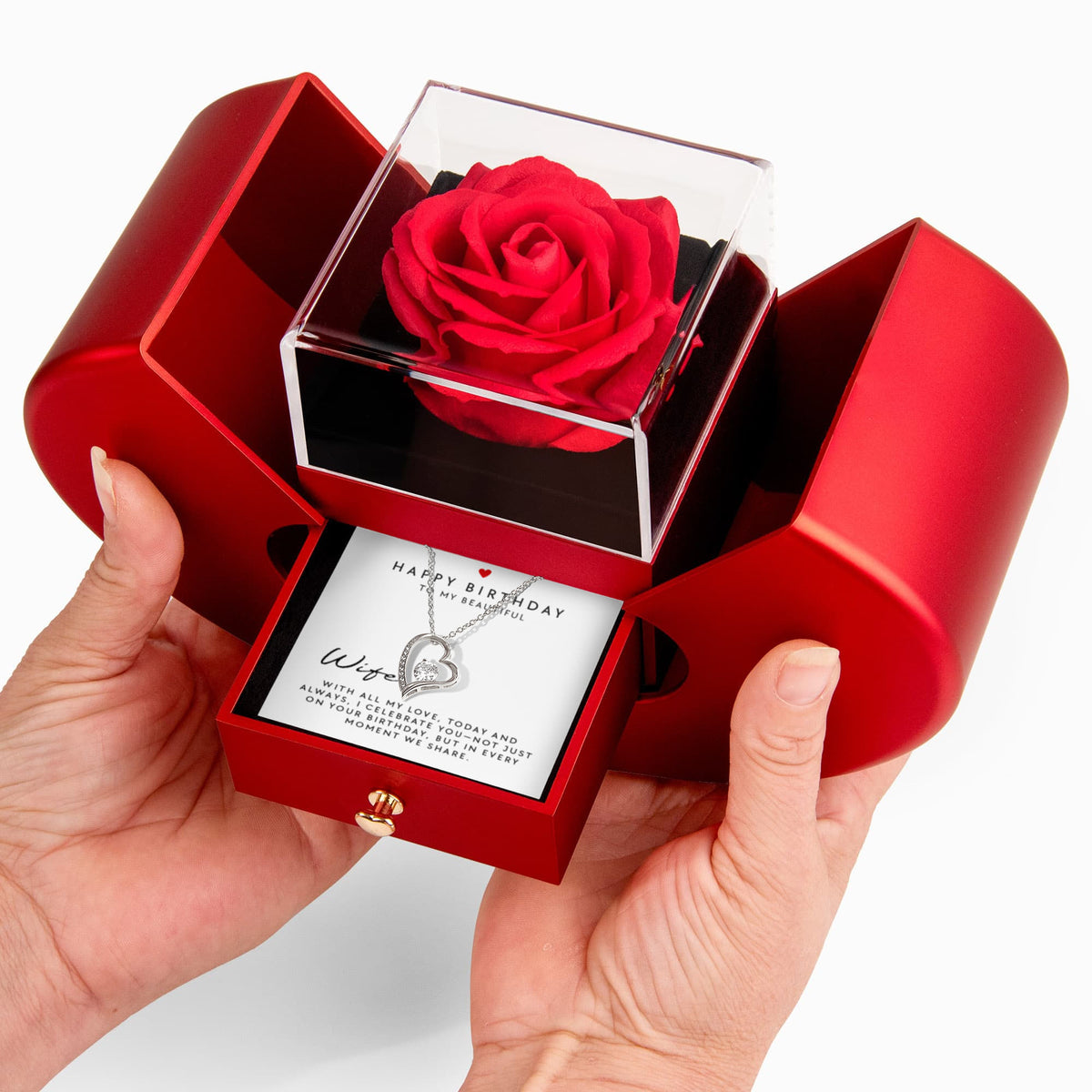 Happy Birthday Wife Forever Love Necklace, Red Heart Rose Box Gift