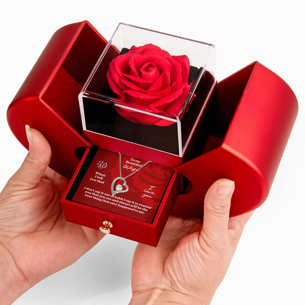 To My Beautiful Wife Forever Love Necklace, Red Heart Rose Box Gift