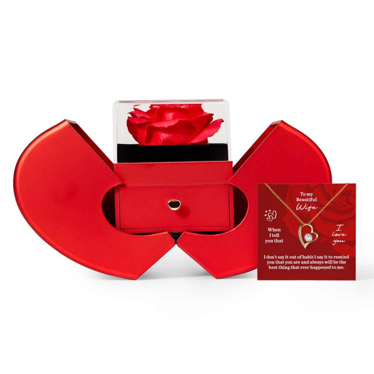 To My Beautiful Wife Forever Love Necklace, Red Heart Rose Box Gift