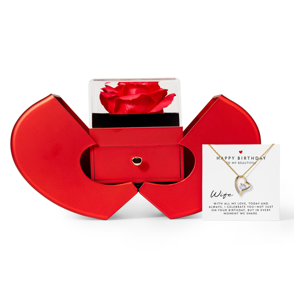 Happy Birthday Wife Forever Love Necklace, Red Heart Rose Box Gift