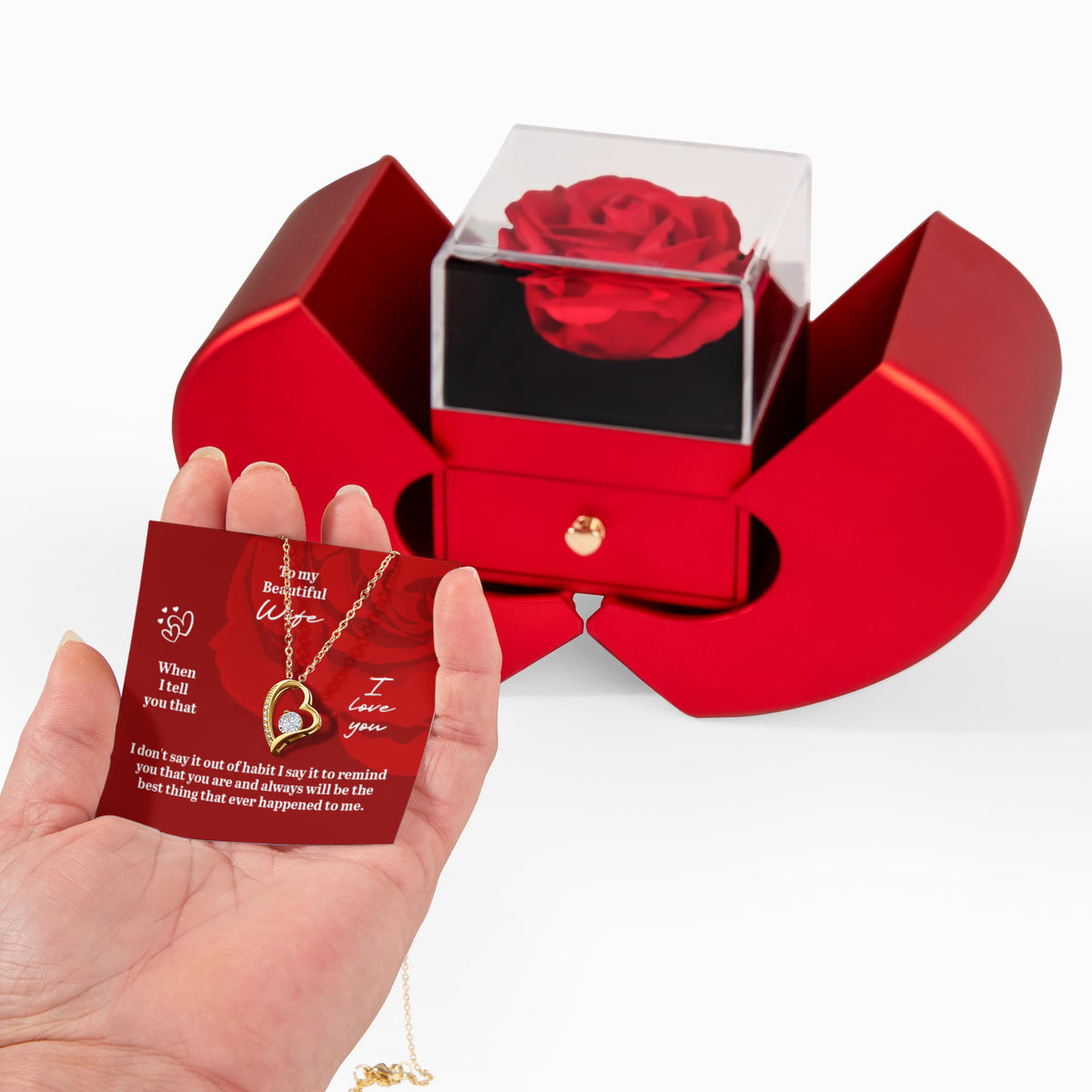 To My Beautiful Wife Forever Love Necklace, Red Heart Rose Box Gift