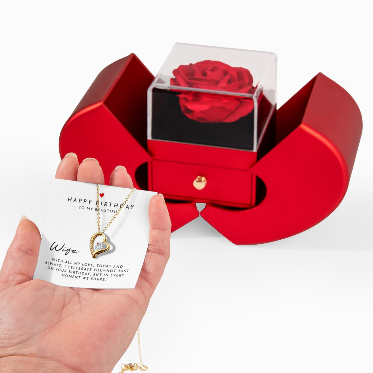 Happy Birthday Wife Forever Love Necklace, Red Heart Rose Box Gift