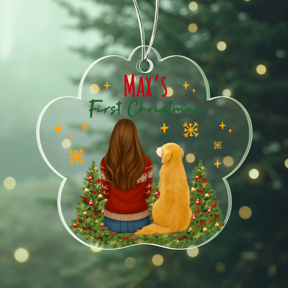 Max's First Christmas Acrylic Paw Ornament, Dog Lover Christmas Keepsake, Golden Retriever Gift