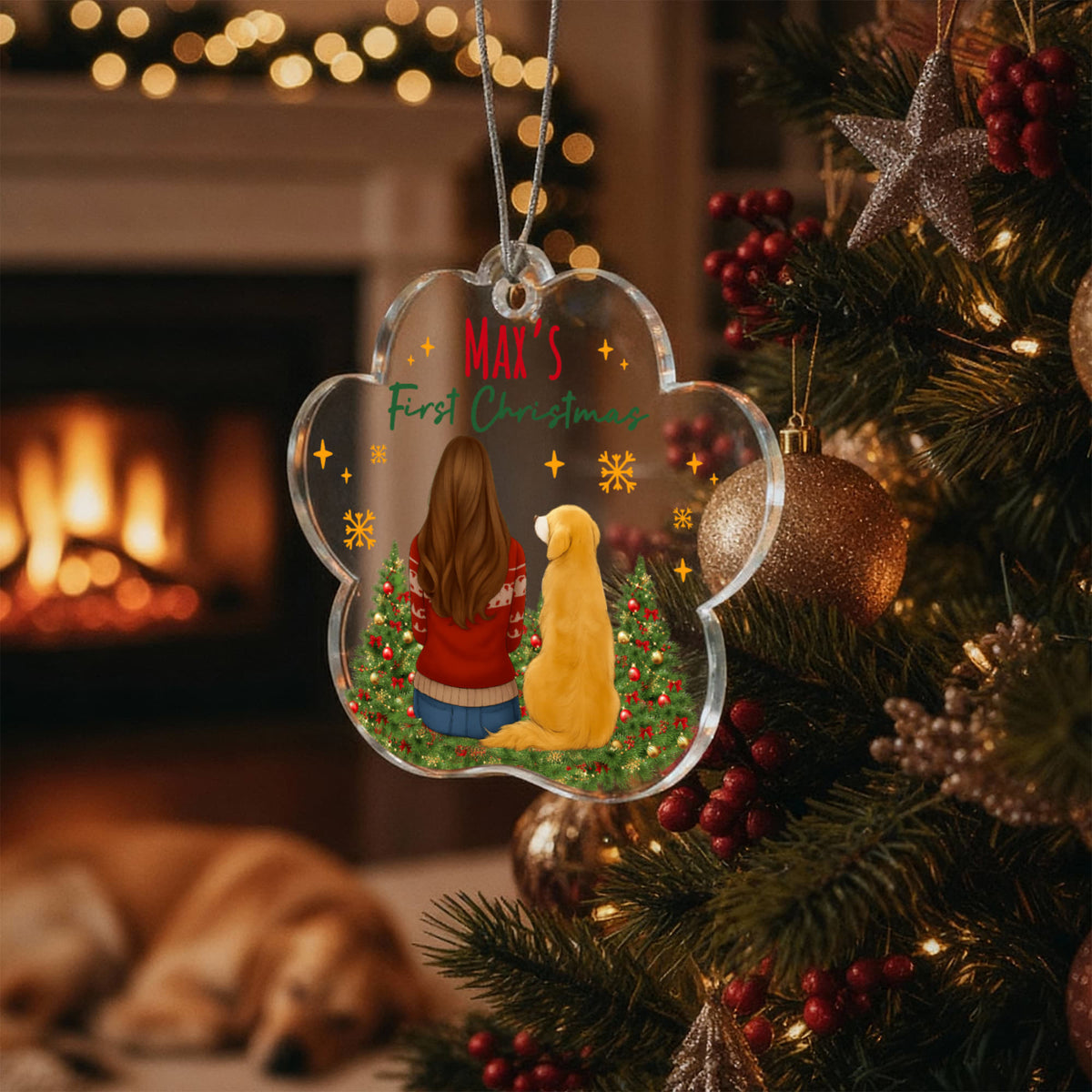 Max's First Christmas Acrylic Paw Ornament, Dog Lover Christmas Keepsake, Golden Retriever Gift