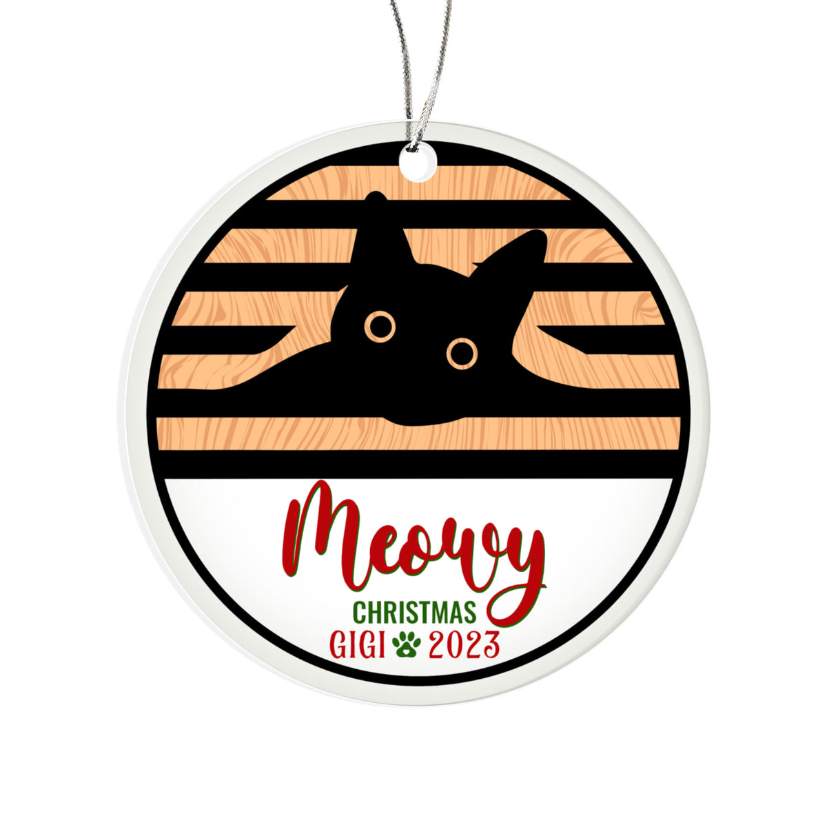 Meowy Christmas Black Cat Circle Ornament, Cat Lover Christmas Gift, Personalized Cat Keepsake