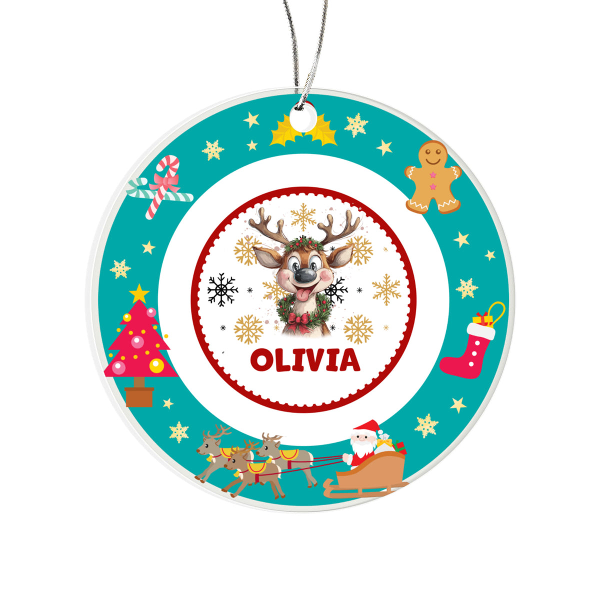 Happy Christmas Reindeer Teal Circle Ornament, Personalized Name Christmas Keepsake Gift