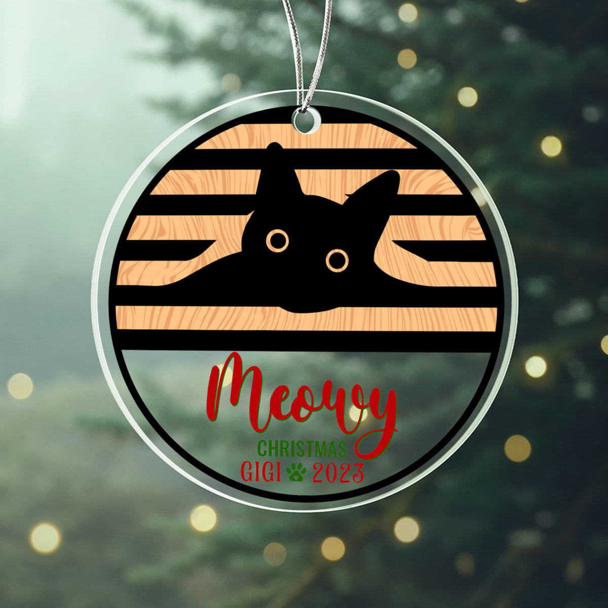 Meowy Christmas Black Cat Circle Ornament, Cat Lover Christmas Gift, Personalized Cat Keepsake