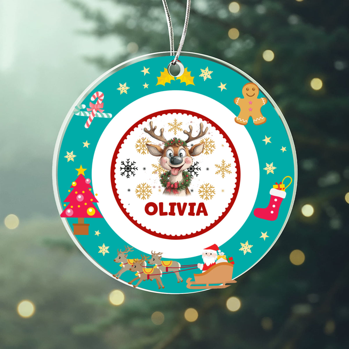 Happy Christmas Reindeer Teal Circle Ornament, Personalized Name Christmas Keepsake Gift