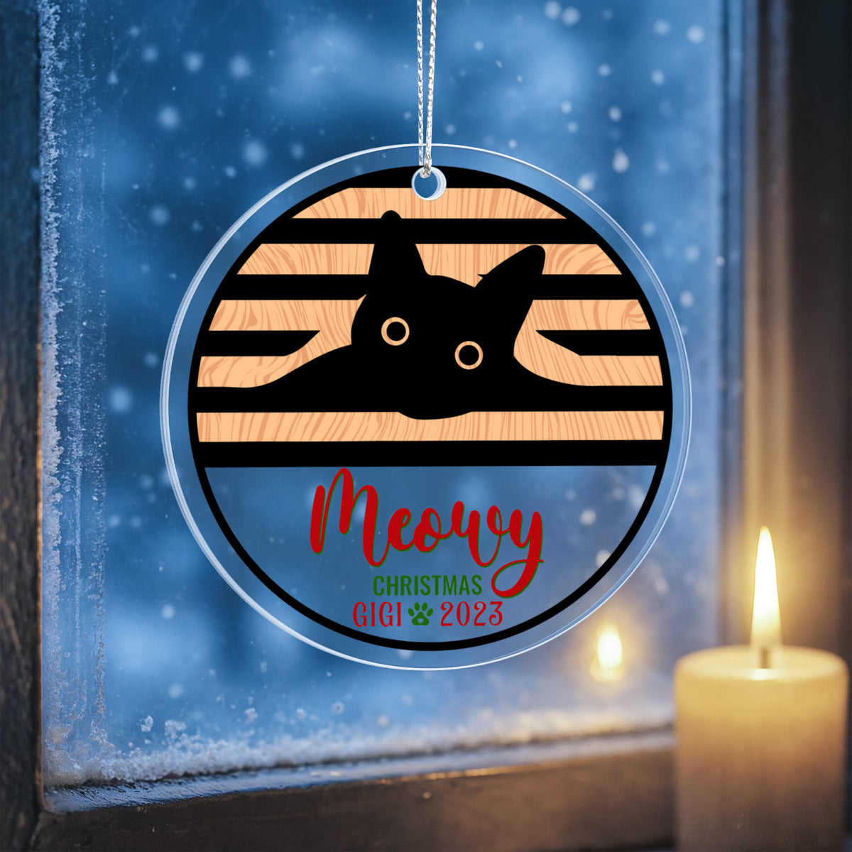 Meowy Christmas Black Cat Circle Ornament, Cat Lover Christmas Gift, Personalized Cat Keepsake