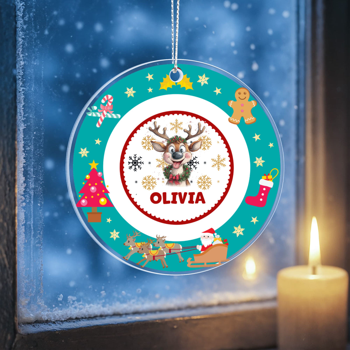 Happy Christmas Reindeer Teal Circle Ornament, Personalized Name Christmas Keepsake Gift