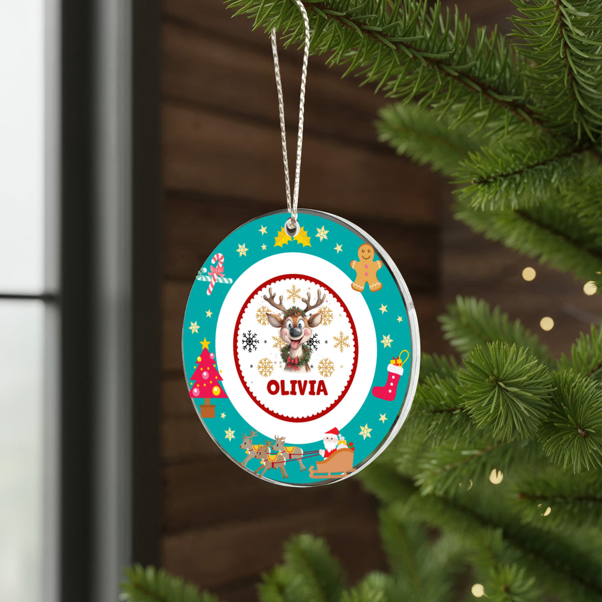 Happy Christmas Reindeer Teal Circle Ornament, Personalized Name Christmas Keepsake Gift