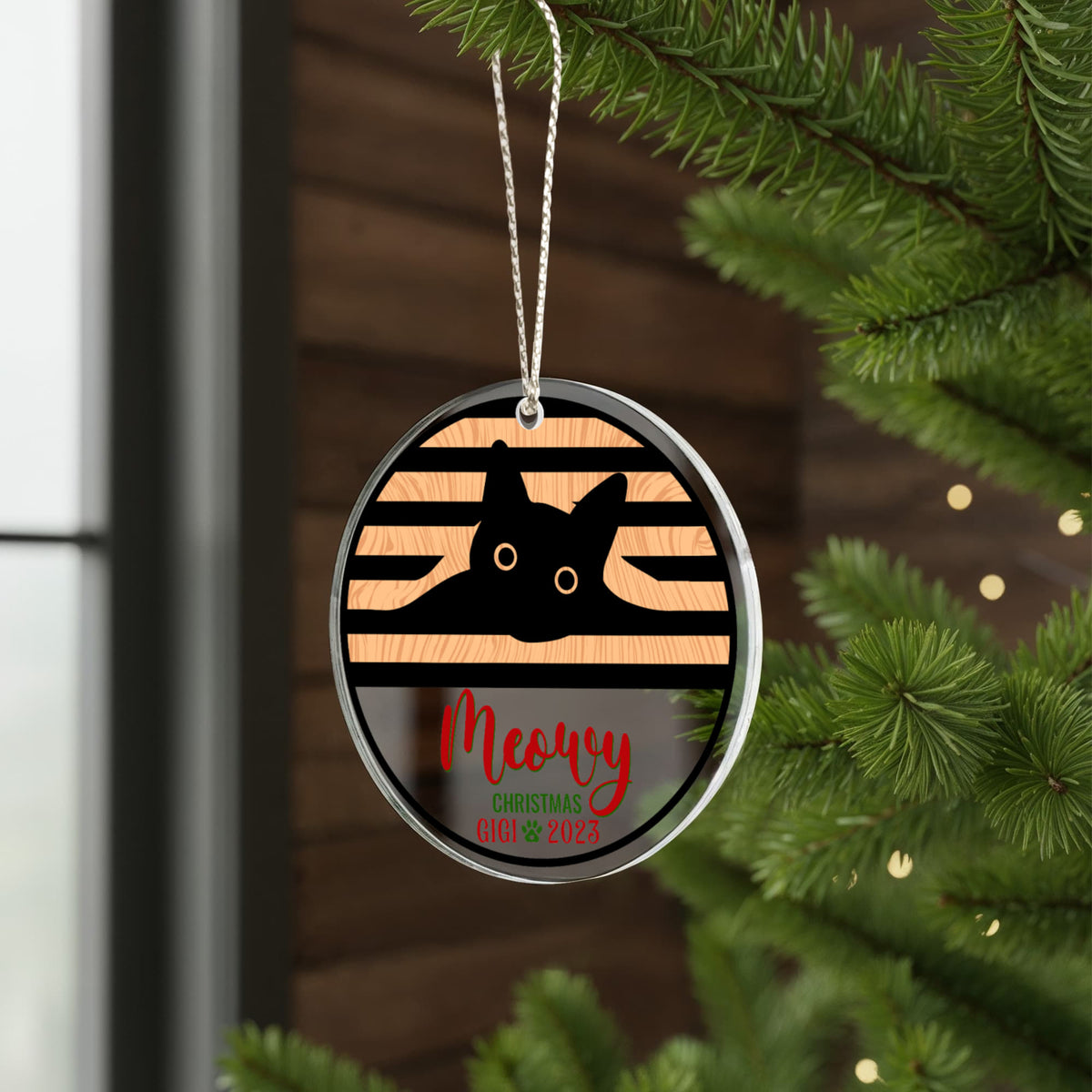 Meowy Christmas Black Cat Circle Ornament, Cat Lover Christmas Gift, Personalized Cat Keepsake
