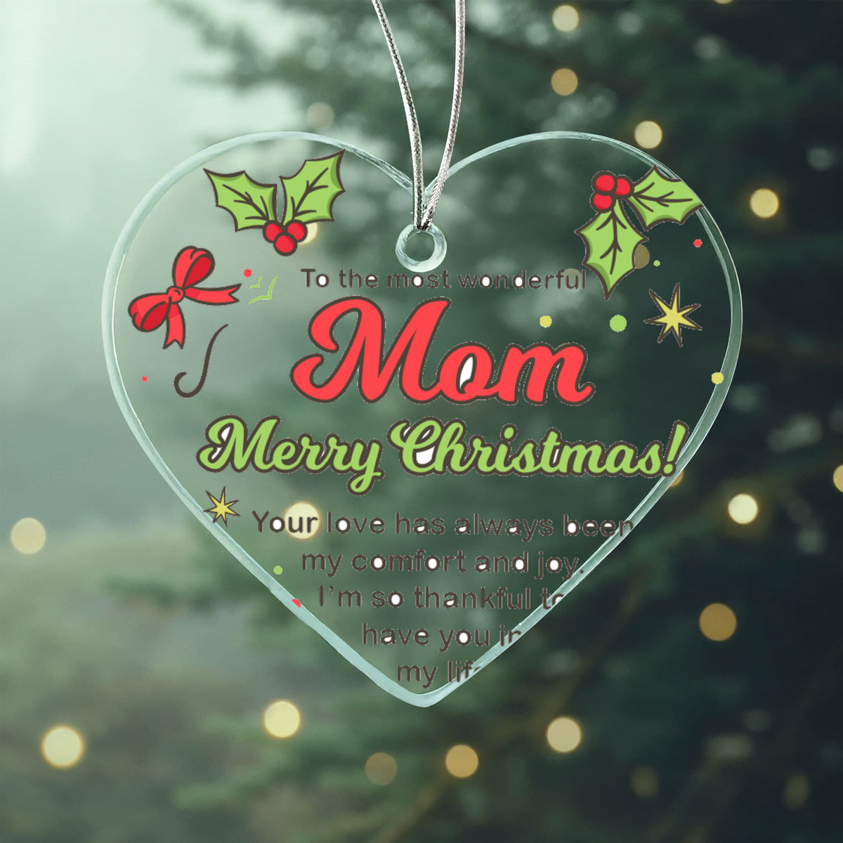 To The Most Wonderful Mom Merry Christmas Acrylic Heart Ornament, Mom Christmas Keepsake Gift
