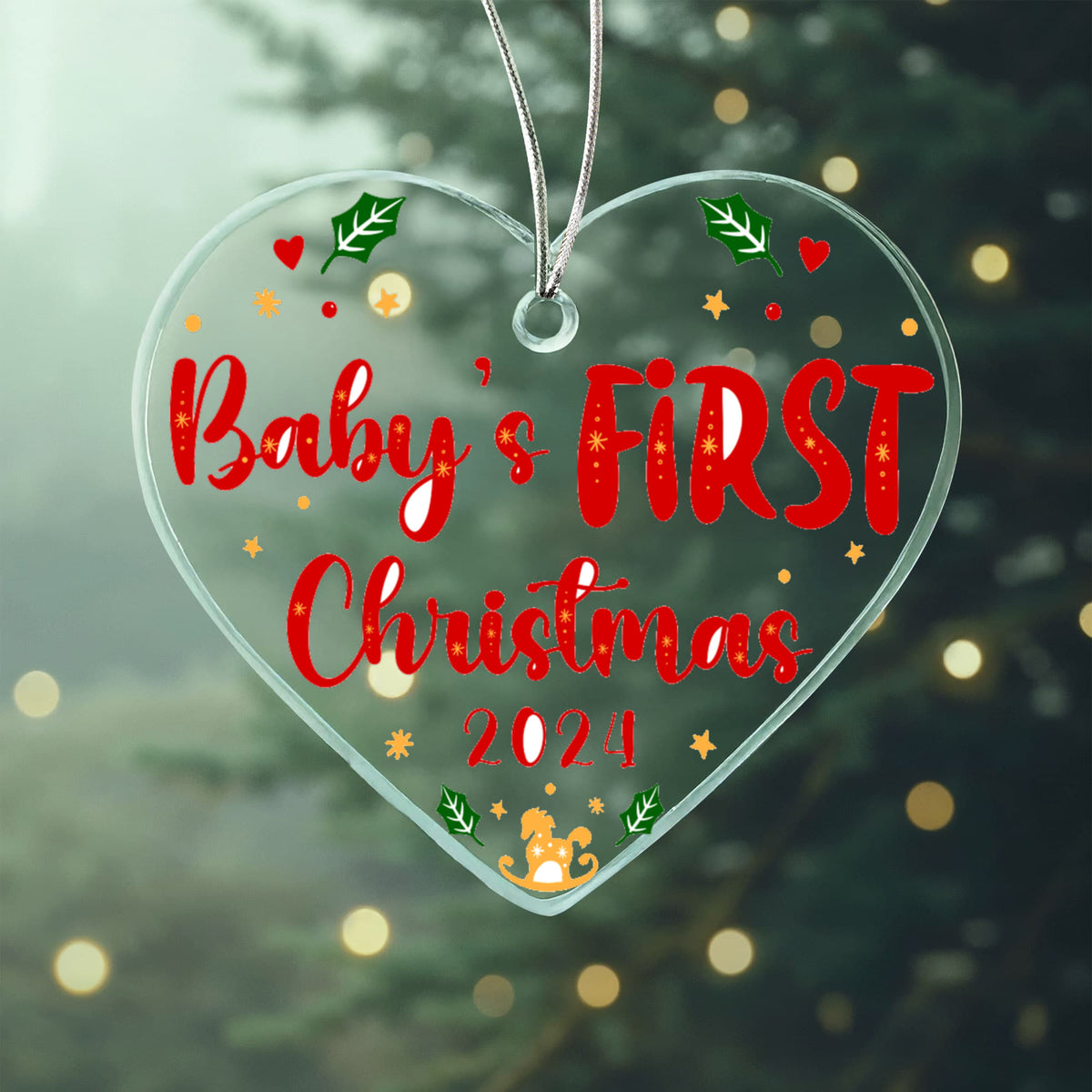 Baby's First Christmas 2024 Acrylic Heart Ornament, New Baby Christmas Keepsake Gift
