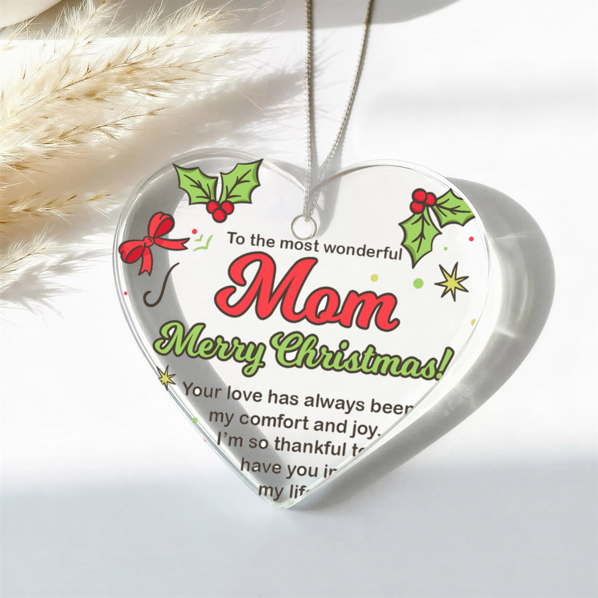 To The Most Wonderful Mom Merry Christmas Acrylic Heart Ornament, Mom Christmas Keepsake Gift