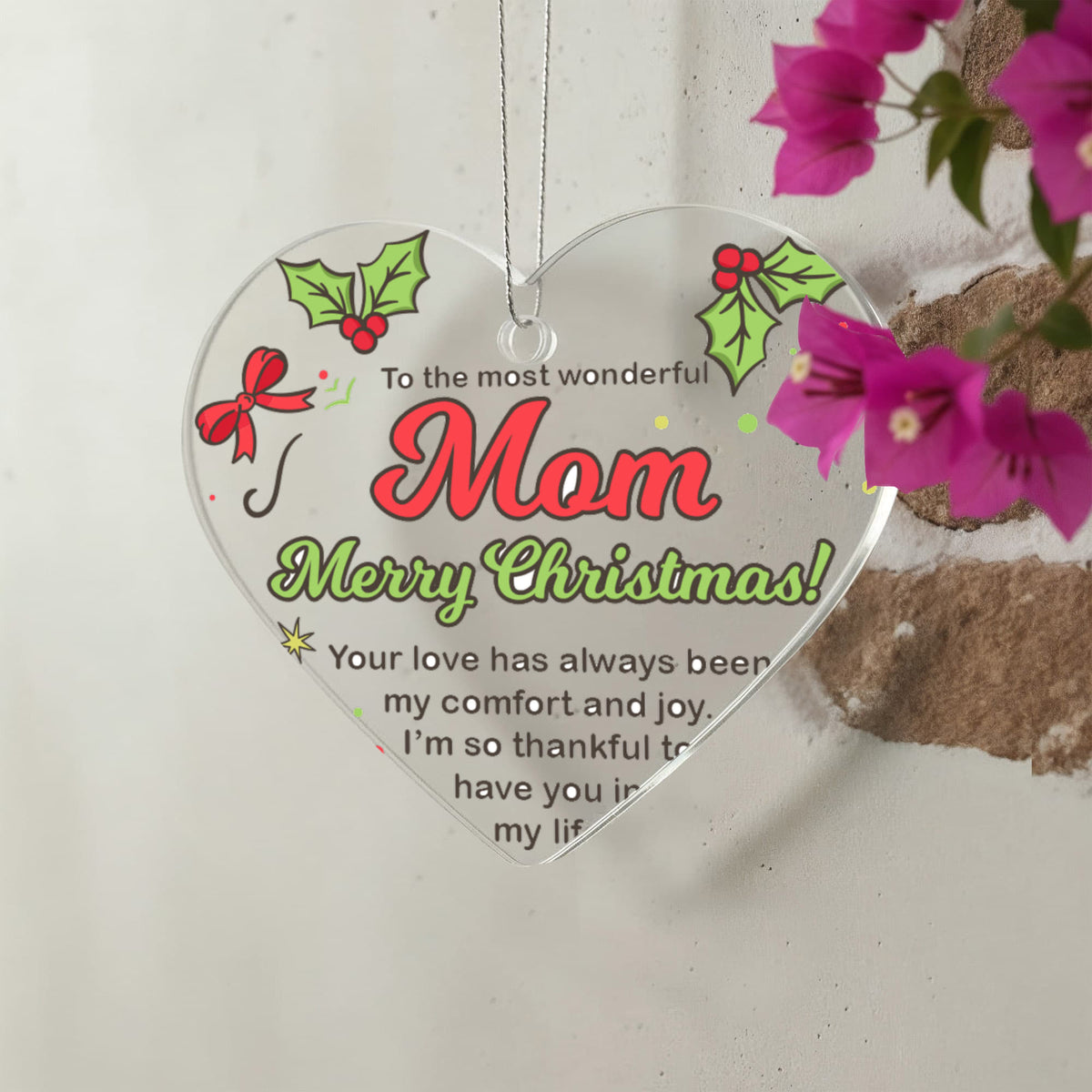 To The Most Wonderful Mom Merry Christmas Acrylic Heart Ornament, Mom Christmas Keepsake Gift