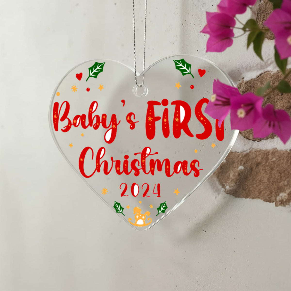 Baby's First Christmas 2024 Acrylic Heart Ornament, New Baby Christmas Keepsake Gift